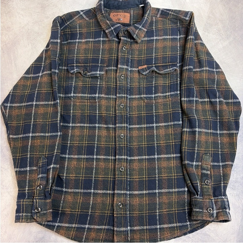 Orvis Mens Large Plaid Flannel Shirt Navy Blue Green Rust Cotton Button Up